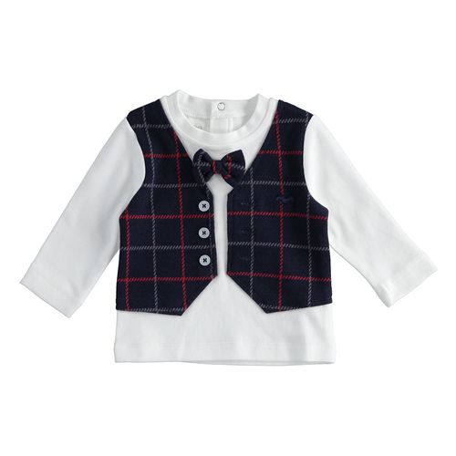 Cotton crewneck T-shirt with fake waistcoat and bow tie