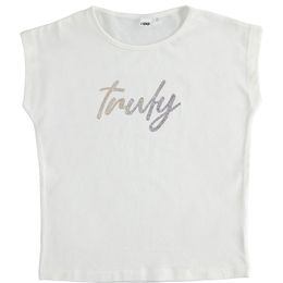 Stretch jersey T-shirt with multicolour rhinestone "truly" lettering - 44861